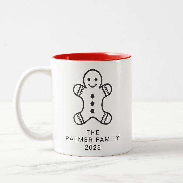 Simple Elegant Gingerbread Christmas Family Name Two-Tone Coffee Mug (Left)