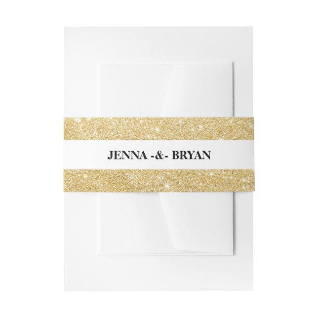 Simple Elegant Glitter Gold & White Personalised Invitation Belly Band (Front Example)