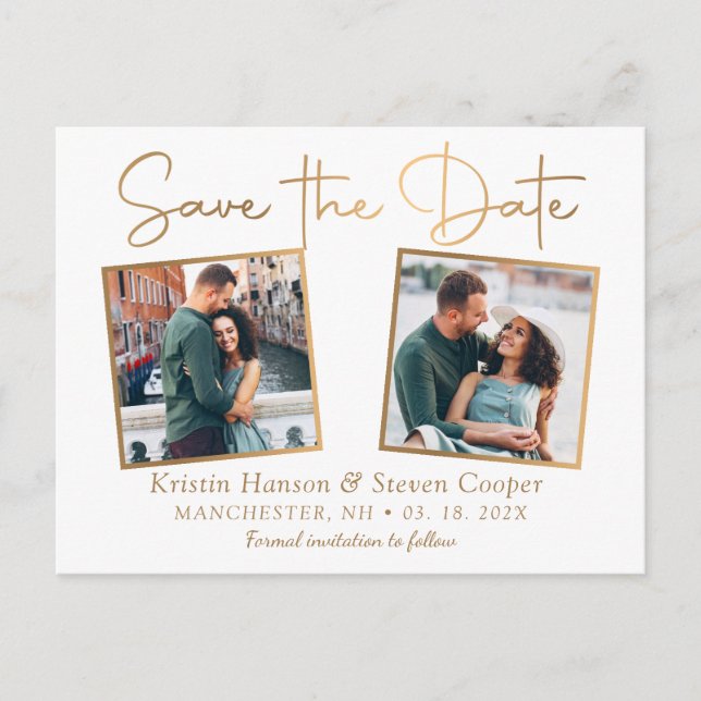 Simple Elegant Gold 2 Photo Save The Date Postcard (Front)