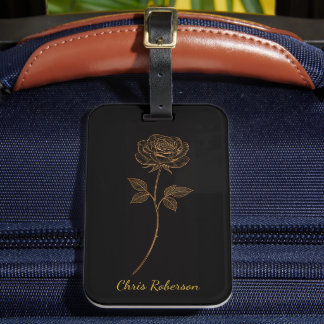 Simple Elegant Gold and Black Rose Custom Name Luggage Tag