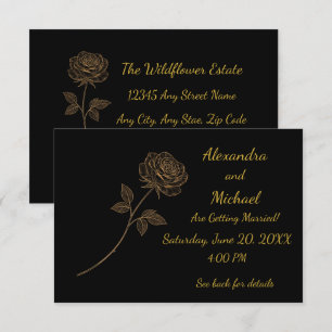 Simple Elegant Gold & Black Line Art Rose Wedding Invitation