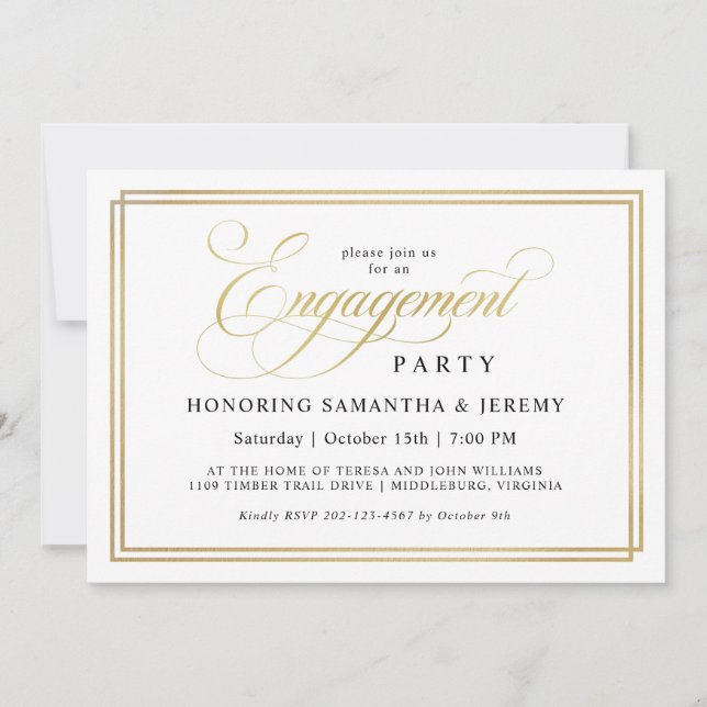 Simple Elegant Gold Calligraphy Engagement Party Invitation (Front)