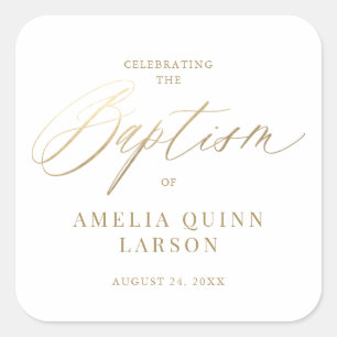 Simple Elegant Gold Calligraphy Script Baptism Square Sticker