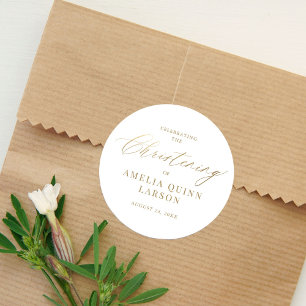 Simple Elegant Gold Calligraphy Script Christening Classic Round Sticker