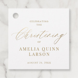 Simple Elegant Gold Calligraphy Script Christening Favour Tags