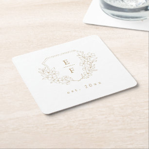 Simple Elegant Gold Cherry Blossom Monogram Crest Square Paper Coaster
