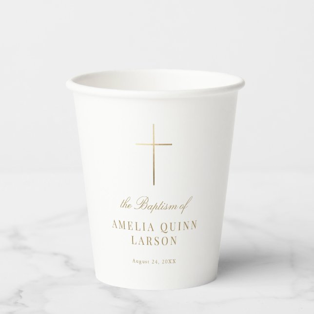 Simple Elegant Gold Cross Baptism Christening Paper Cups (Front)