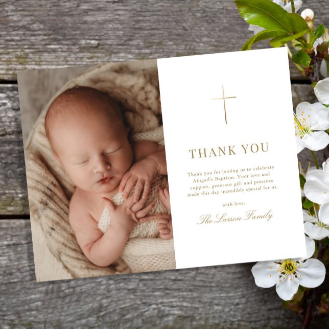 Simple Elegant Gold Cross Baptism Christening Thank You Card (Creator Uploaded)