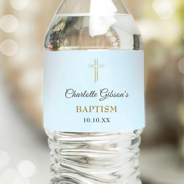 Simple Elegant Gold Cross Baptism Christening Water Bottle Label (Creator Uploaded)