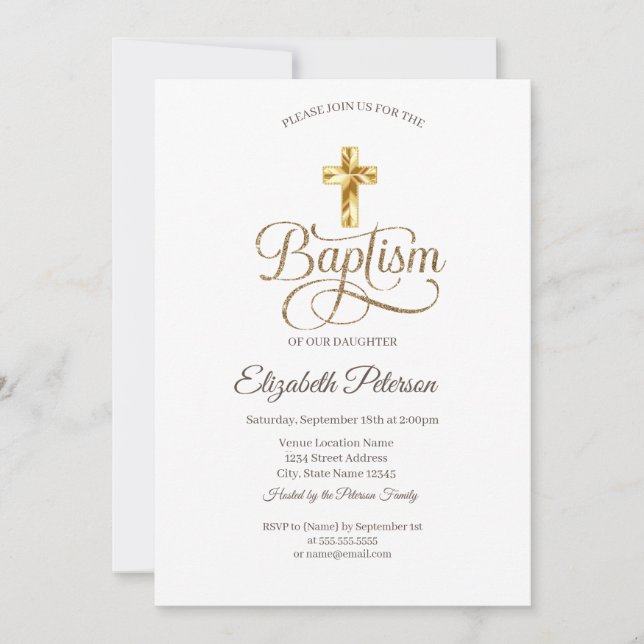 Simple Elegant Gold Cross Baptism Invitation (Front)