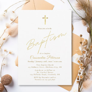 Simple Elegant Gold Cross Baptism Invitation