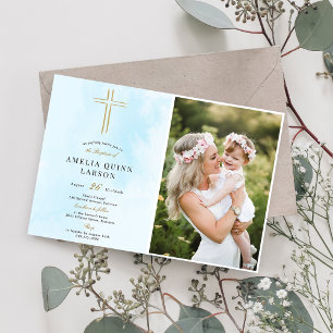 Simple Elegant Gold Cross Baptism Photo Invitation