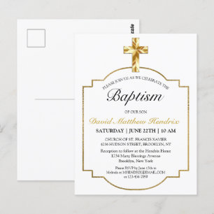 Simple Elegant Gold Cross Boys Baptism  Invitation Postcard