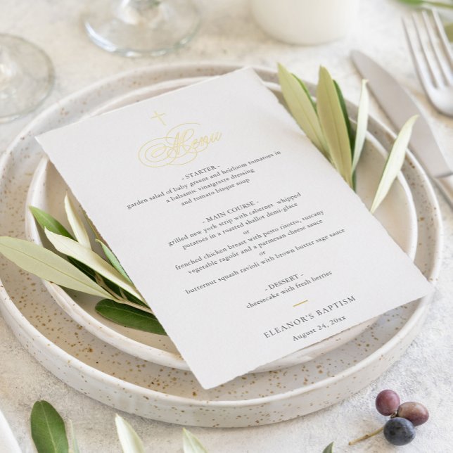Simple Elegant Gold Cross Calligraphy Baptism Menu (Creator Uploaded)