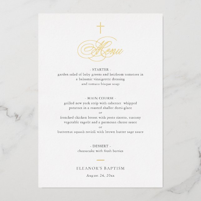 Simple Elegant Gold Cross Calligraphy Baptism Menu (Front)