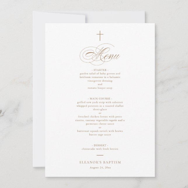 Simple Elegant Gold Cross Calligraphy Baptism Menu Invitation (Front)
