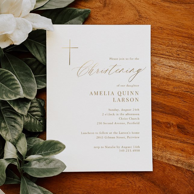 Simple Elegant Gold Cross Calligraphy Christening Invitation (Creator Uploaded)