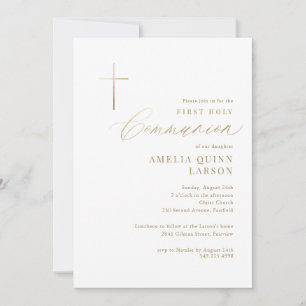 Simple Elegant Gold Cross First Holy Communion Invitation