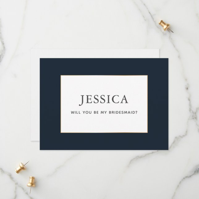 Simple Elegant Gold Dark Navy Blue Bridesmaid Card (Front/Back In Situ)