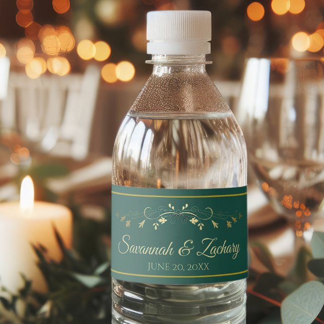 Simple Elegant Gold Flourish Emerald Green Wedding Water Bottle Label (Creator Uploaded)