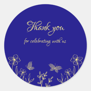 Simple elegant gold flower royal blue wedding classic round sticker