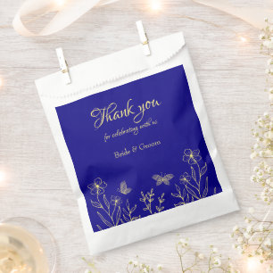 Simple elegant gold flower royal blue wedding favour bag