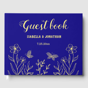 Simple elegant gold flower royal blue wedding guest book