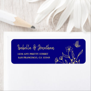 Simple elegant gold flower royal blue wedding return address label