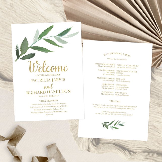 Simple Elegant Gold Foil Greenery Wedding Programs (Creator Uploaded)