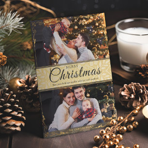 Simple Elegant Gold Frame 2 Photo Christmas Holiday Card