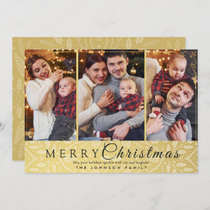 Simple Elegant Gold Frame 3 Photo Christmas Holiday Card