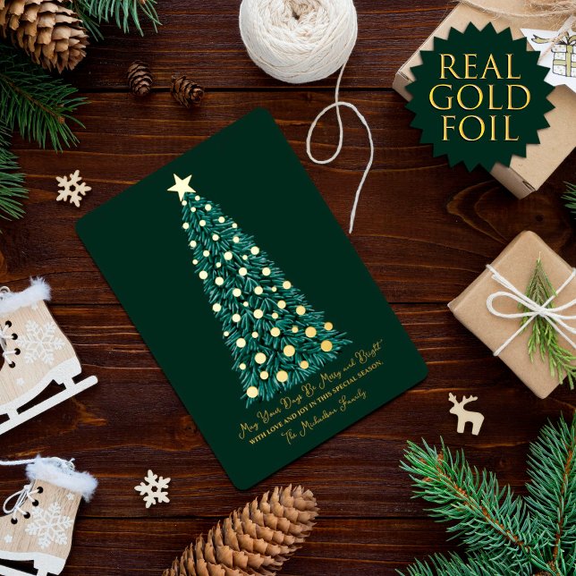 Simple Elegant Gold Green Christmas Tree Foil Holiday Card (Creator Uploaded)