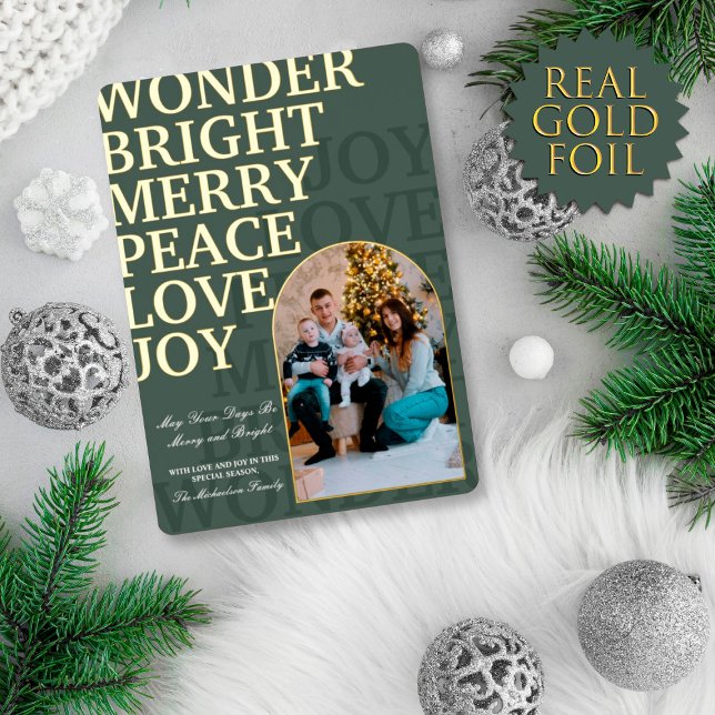 Simple Elegant Gold Green Typography Family Photo Foil Holiday Card (Creator Uploaded)