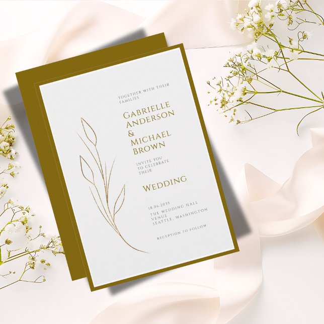Simple Elegant Gold Grey Minimal Floral Wedding  Invitation (Creator Uploaded)