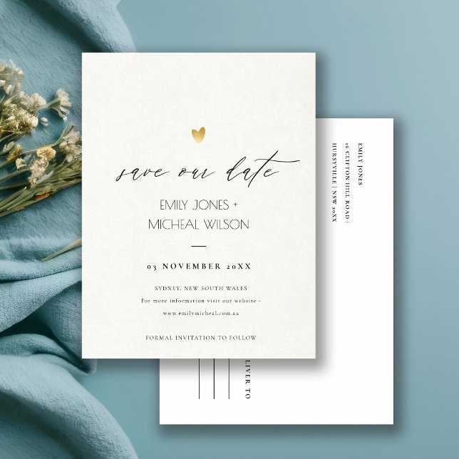 SIMPLE ELEGANT GOLD GREY TYPOGRAPHY  SAVE THE DATE ANNOUNCEMENT POSTCARD (Creator Uploaded)