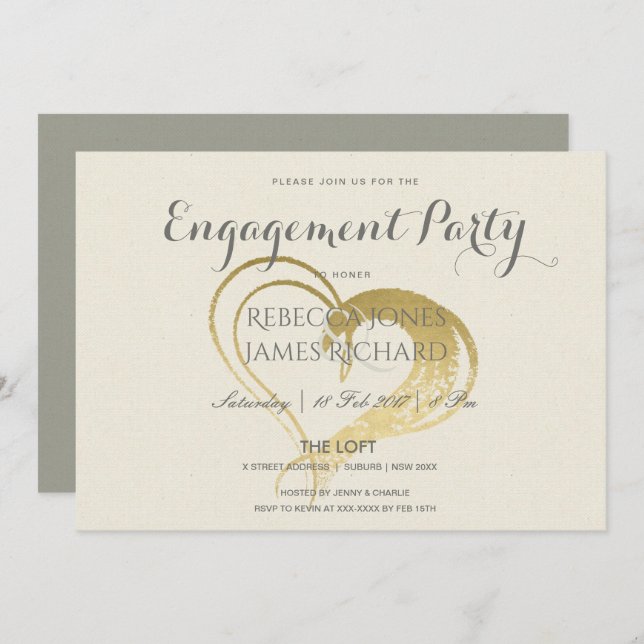 SIMPLE ELEGANT GOLD  HEART TYPOGRAPHY ENGAGEMENT INVITATION (Front/Back)