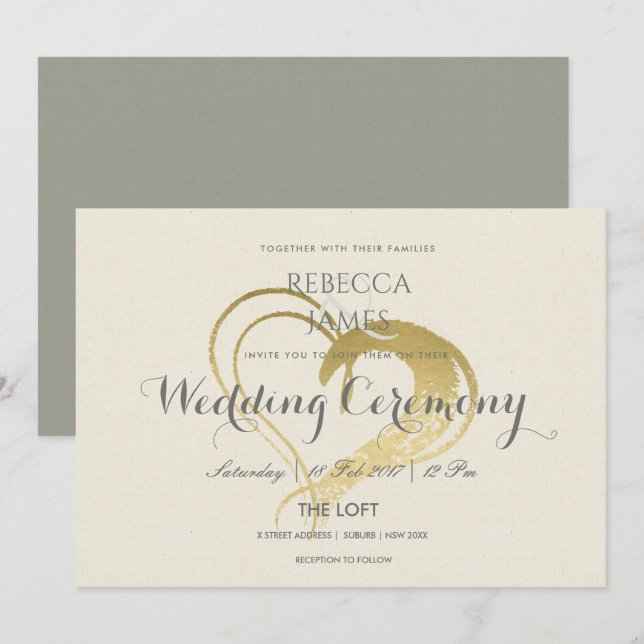 SIMPLE ELEGANT GOLD HEART TYPOGRAPHY  WEDDING INVITATION (Front/Back)