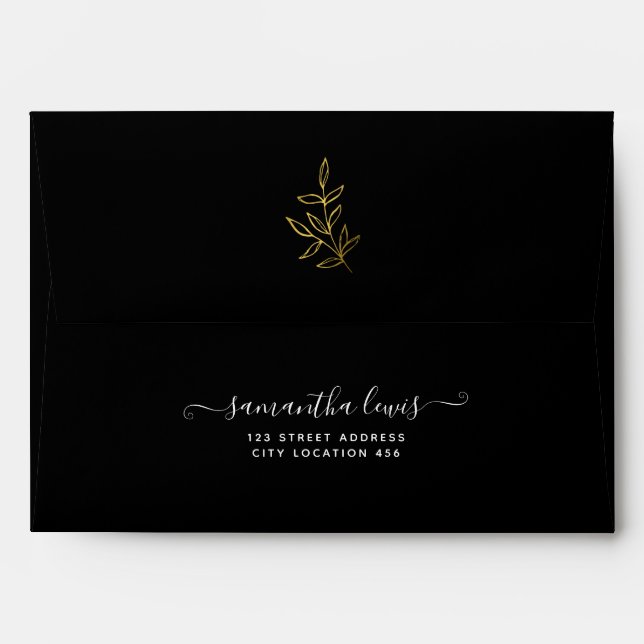Simple Elegant Gold Leaves Black Wedding Envelope (Back (Top Flap))