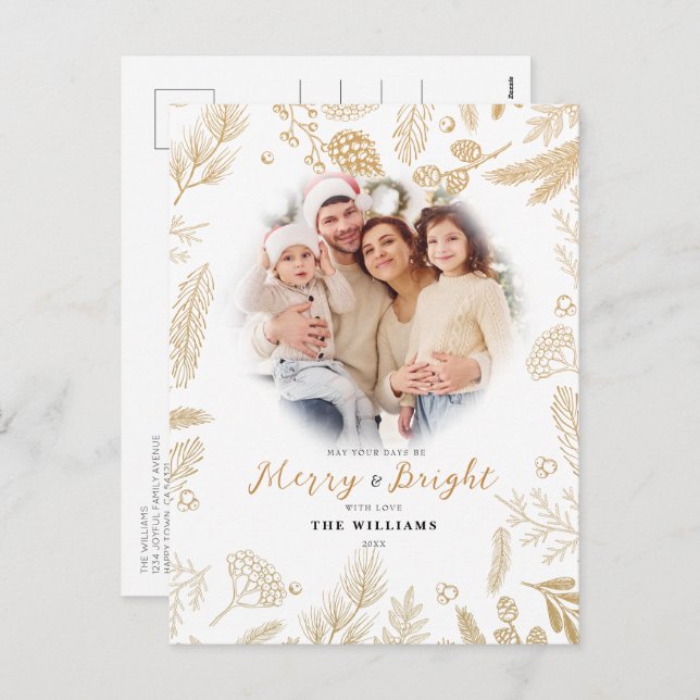 Simple Elegant Gold Merry & Bright Photo Christmas Holiday Postcard (Front/Back)