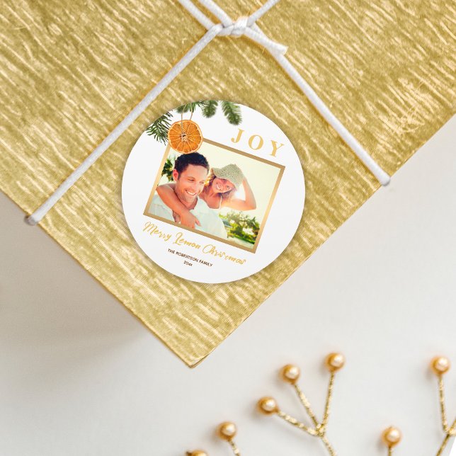 Simple Elegant Gold Merry Lemon Christmas Photo Classic Round Sticker (Creator Uploaded)