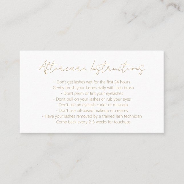 Simple Elegant Gold Modern Lashes Aftercare Business Card (Front)