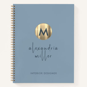 Simple Elegant Gold Monogram Dusty Blue Notebook