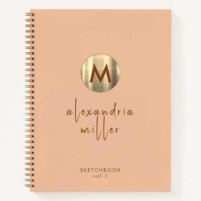 Simple Elegant Gold Monogram Peach Sketchbook Notebook (Front)
