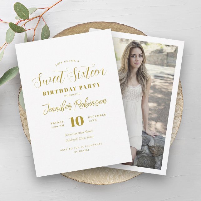 Simple Elegant Gold Photo Sweet 16 Sixteen  Invitation (Simple Elegant Gold Photo Sweet 16 Sixteen Invitation)