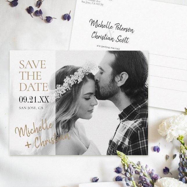 Simple Elegant Gold Photo Wedding Save the Date Announcement Postcard (Creator Uploaded)