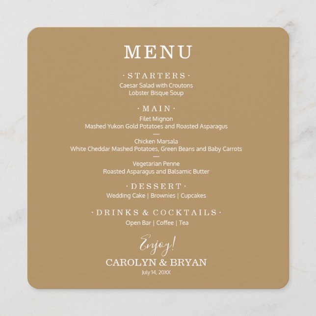Simple Elegant Gold Square Wedding Dinner Menu (Front)