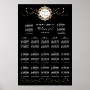 Simple Elegant Gold Swirl Black Wedding Seating Poster
