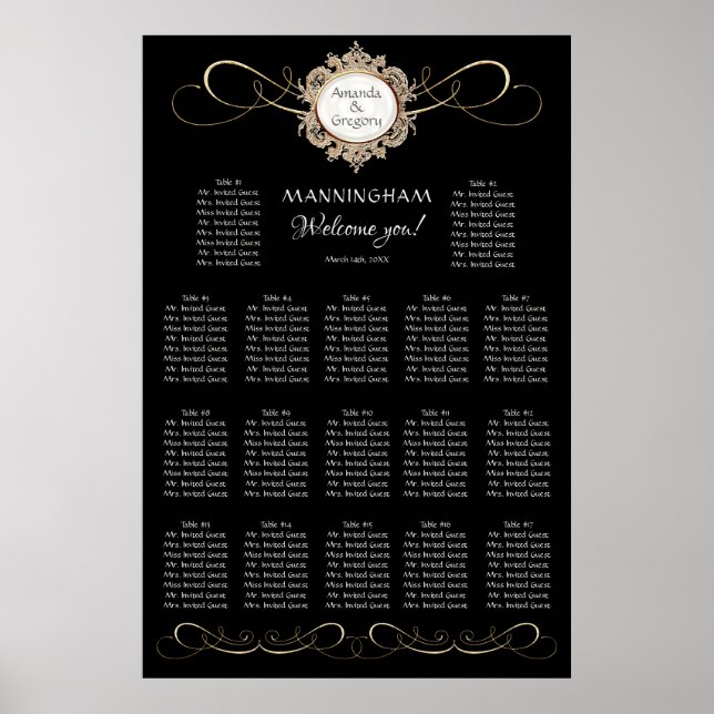 Simple Elegant Gold Swirl Black Wedding Seating Poster (Front)