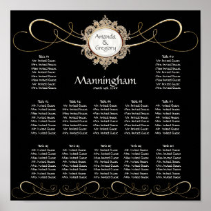 Simple Elegant Gold Swirl Black Wedding Seating Poster