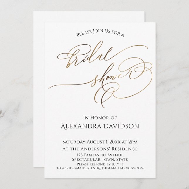 Simple Elegant Gold Typography Bridal Shower Invitation (Front/Back)